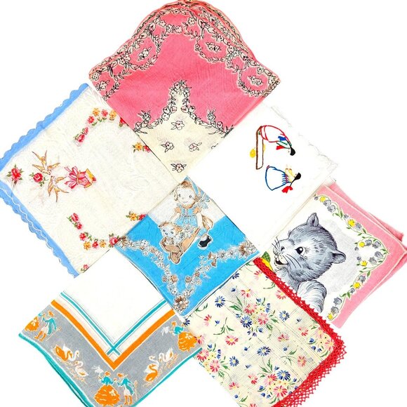 Vintage Handkerchief Lot Of 8 Embroidered & Printed Designs Cotton/linen blend - Picture 1 of 16